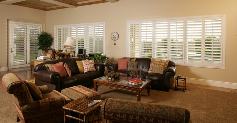 San Diego family room with white shutters.